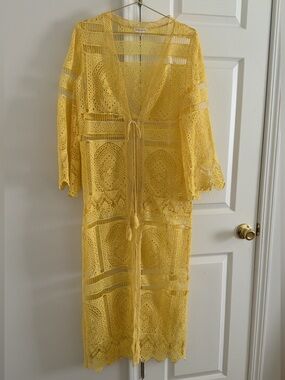 Main Strip Sunny Yellow Crochet Duster with scalloped edging- Size Medium